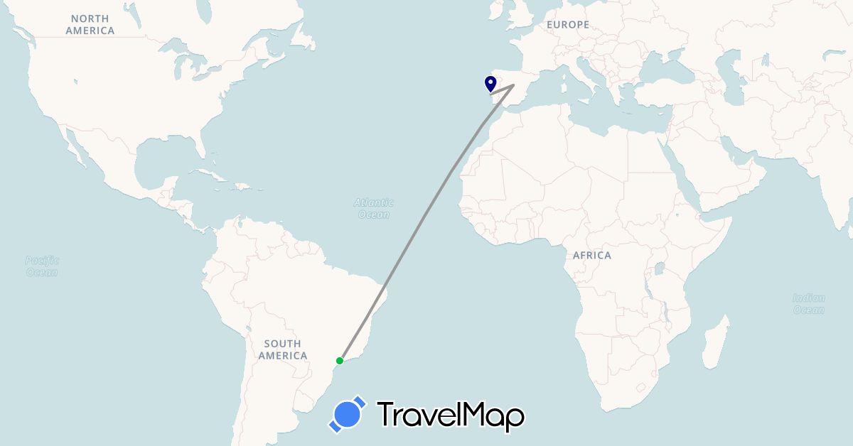TravelMap itinerary: driving, bus, plane in Brazil, Spain, Portugal (Europe, South America)