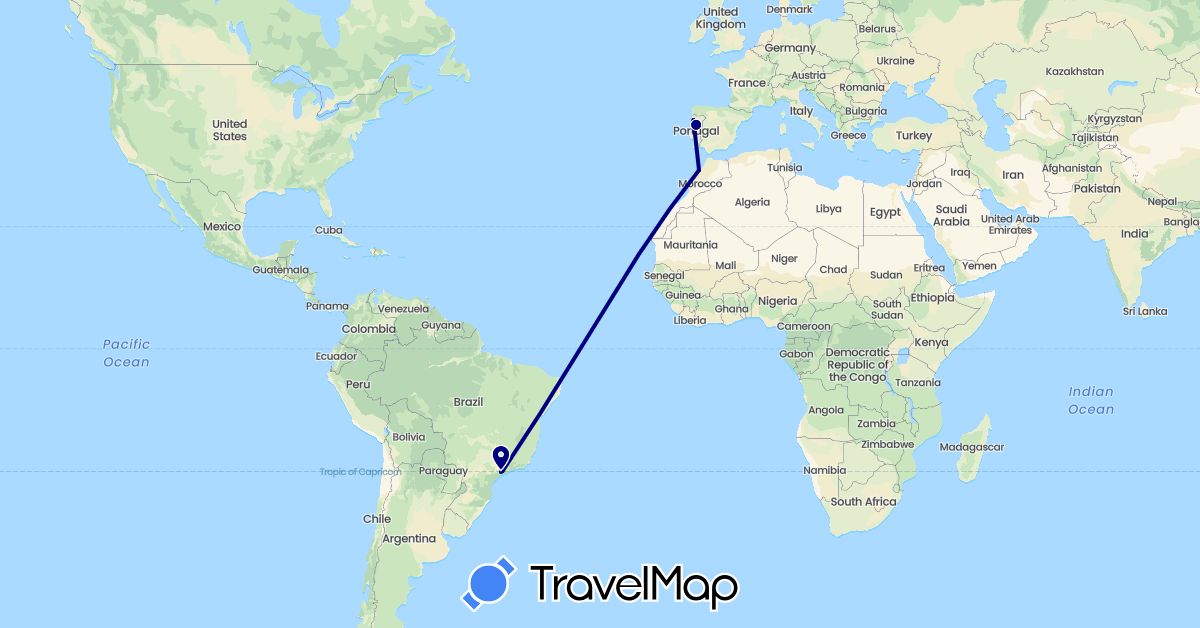 TravelMap itinerary: driving in Brazil, Morocco, Portugal (Africa, Europe, South America)